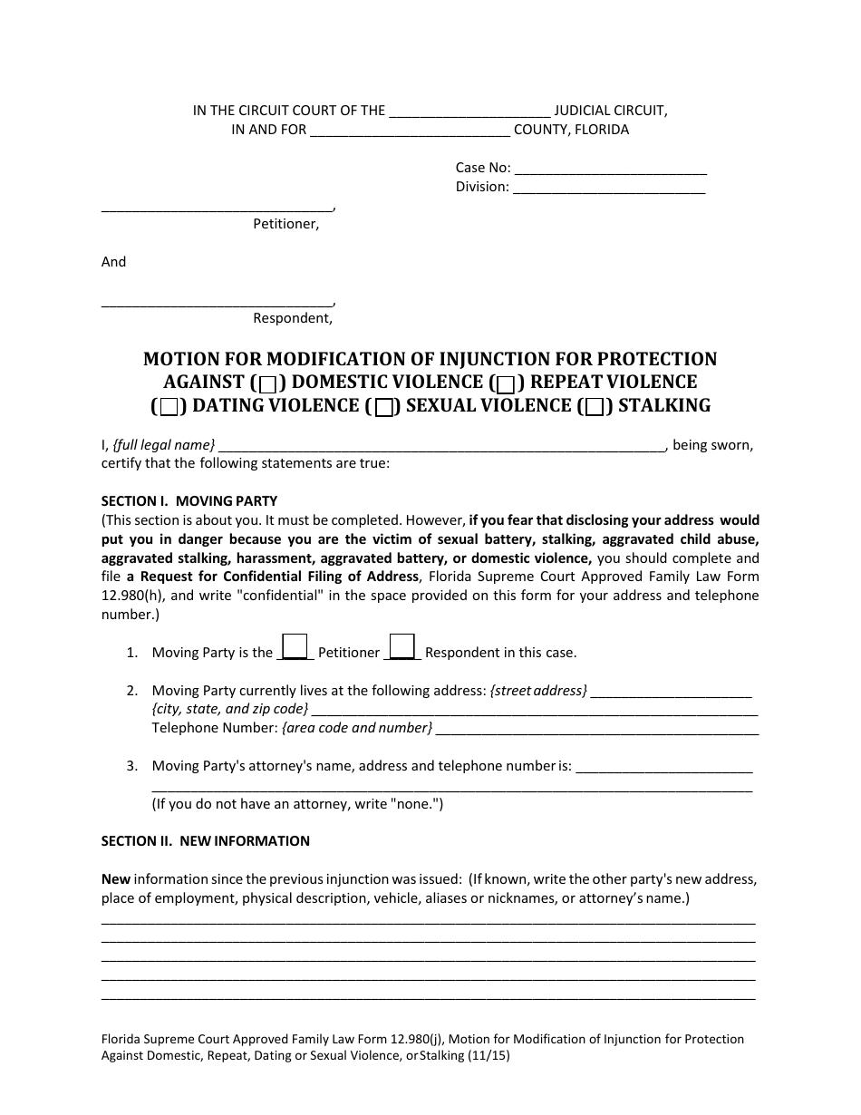 Form 12.980(J) Motion for Modification of Injunction for Protection Against Domestic, Repeat, Dating or Sexual Violence, or Stalking - Florida, Page 4