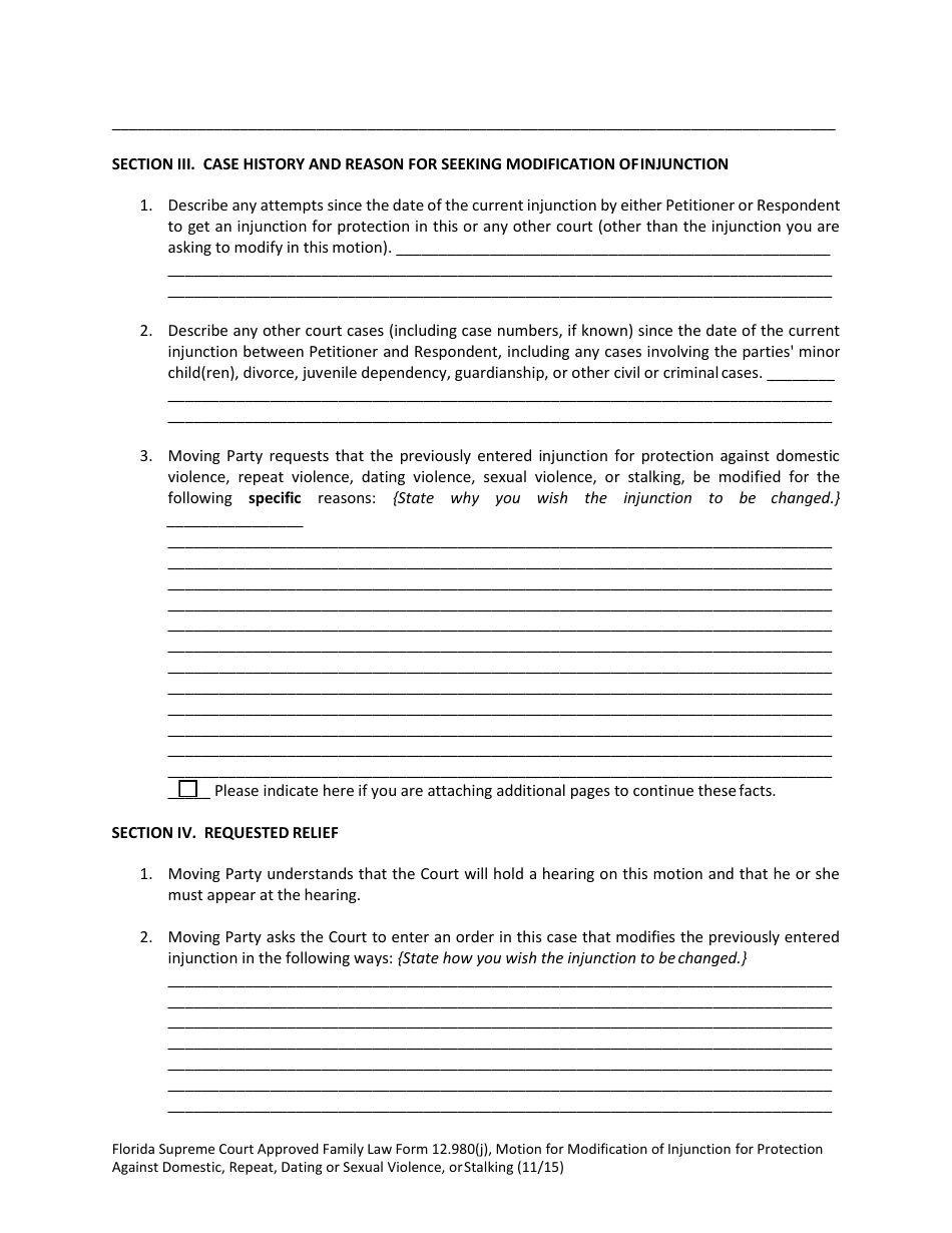 Form 12.980(J) Motion for Modification of Injunction for Protection Against Domestic, Repeat, Dating or Sexual Violence, or Stalking - Florida, Page 5