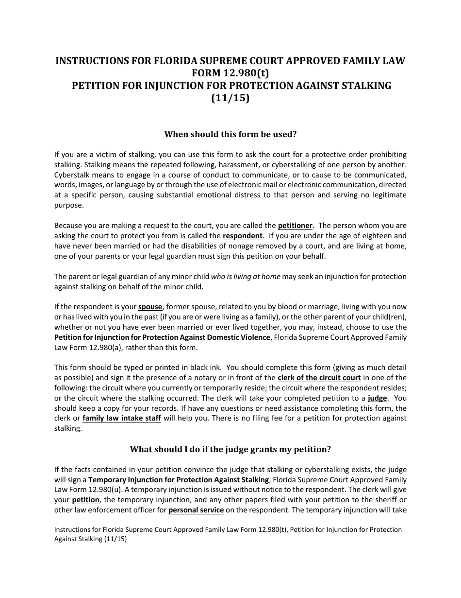 Form 12.980(T) Petition for Injunction for Protection Against Stalking - Florida, Page 1