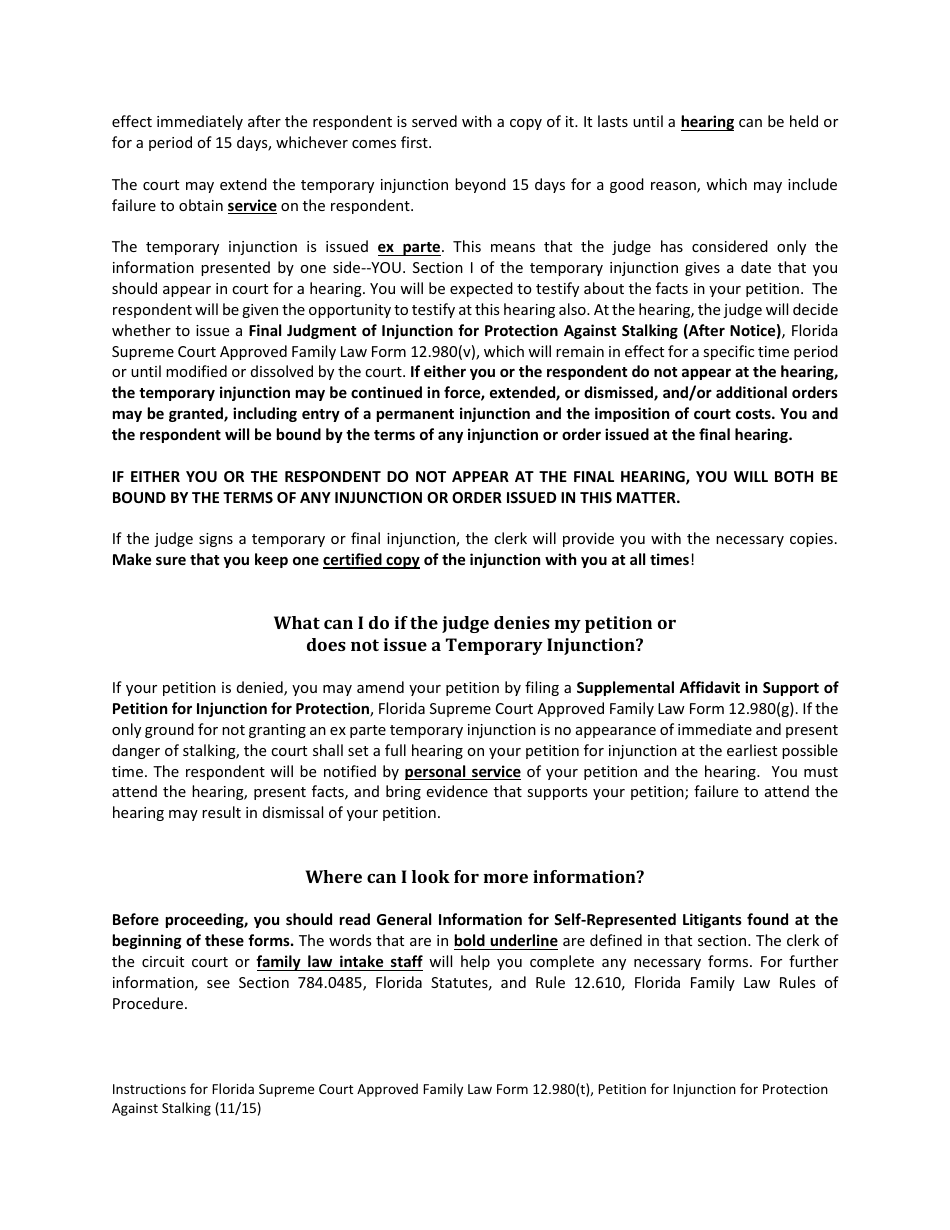 Form 12.980(T) Petition for Injunction for Protection Against Stalking - Florida, Page 2