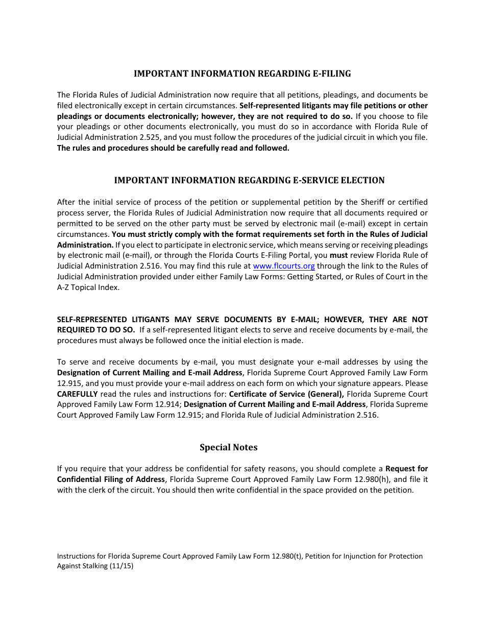Form 12.980(T) Petition for Injunction for Protection Against Stalking - Florida, Page 3