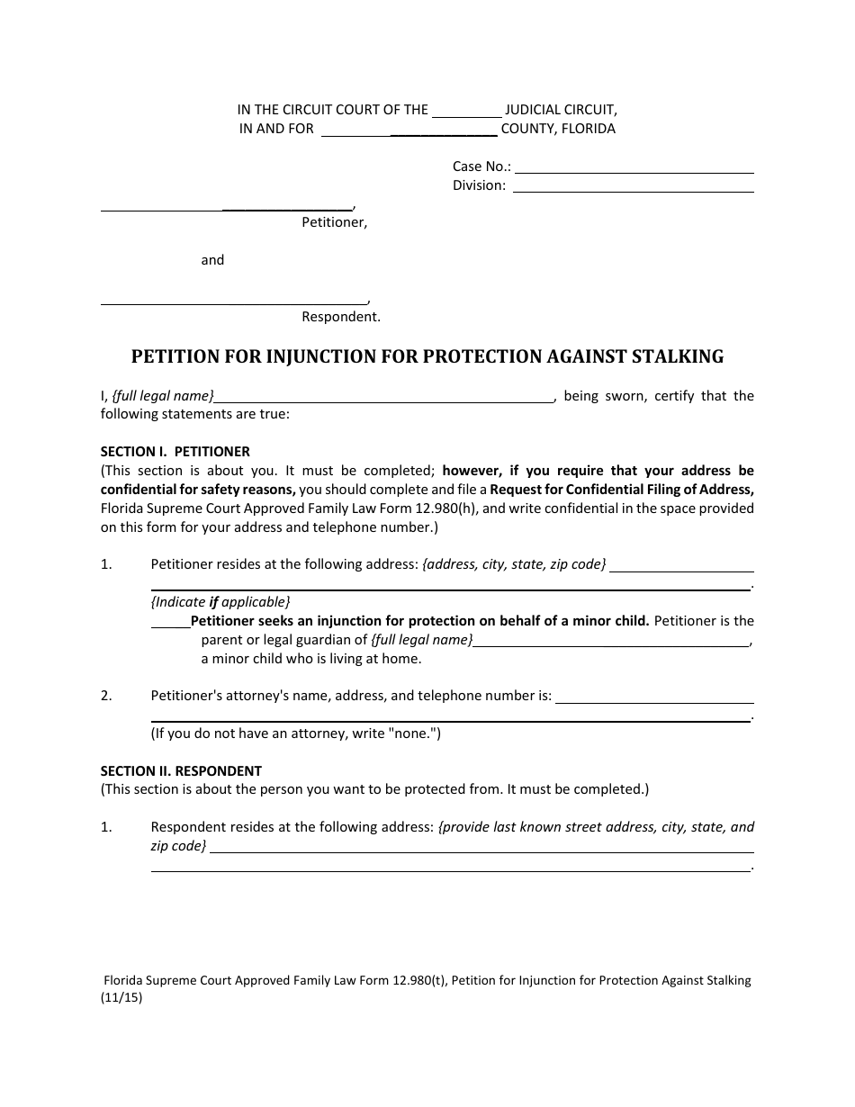 Form 12.980(T) Petition for Injunction for Protection Against Stalking - Florida, Page 4