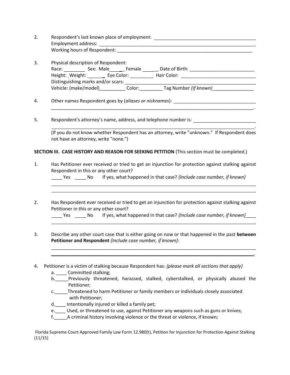 Form 12.980(T) Petition for Injunction for Protection Against Stalking - Florida, Page 5