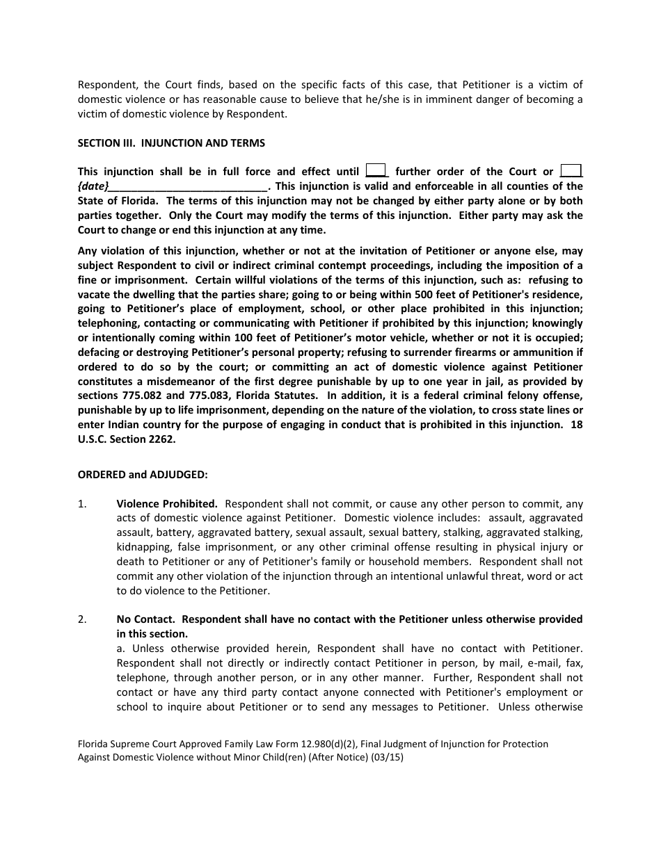 Form 12.980(D)(2) Final Judgment of Injunction for Protection Against Domestic Violence Without Minor Child(Ren) (After Notice) - Florida, Page 2
