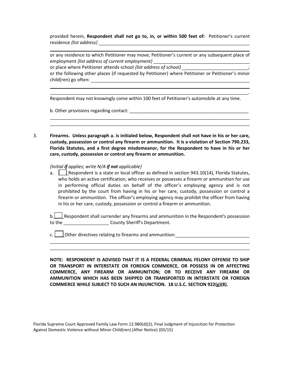 Form 12.980(D)(2) Final Judgment of Injunction for Protection Against Domestic Violence Without Minor Child(Ren) (After Notice) - Florida, Page 3