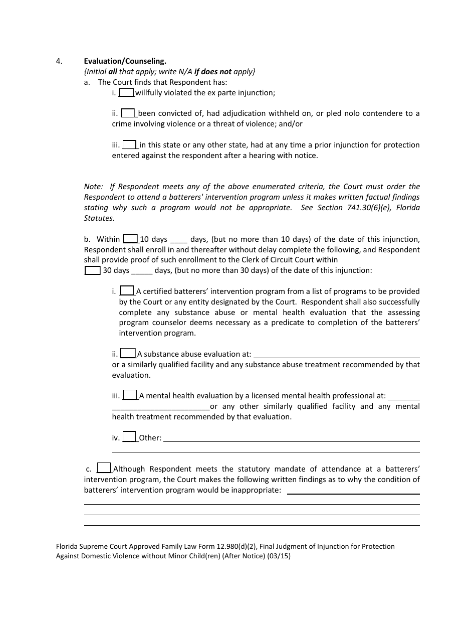 Form 12.980(D)(2) Final Judgment of Injunction for Protection Against Domestic Violence Without Minor Child(Ren) (After Notice) - Florida, Page 4