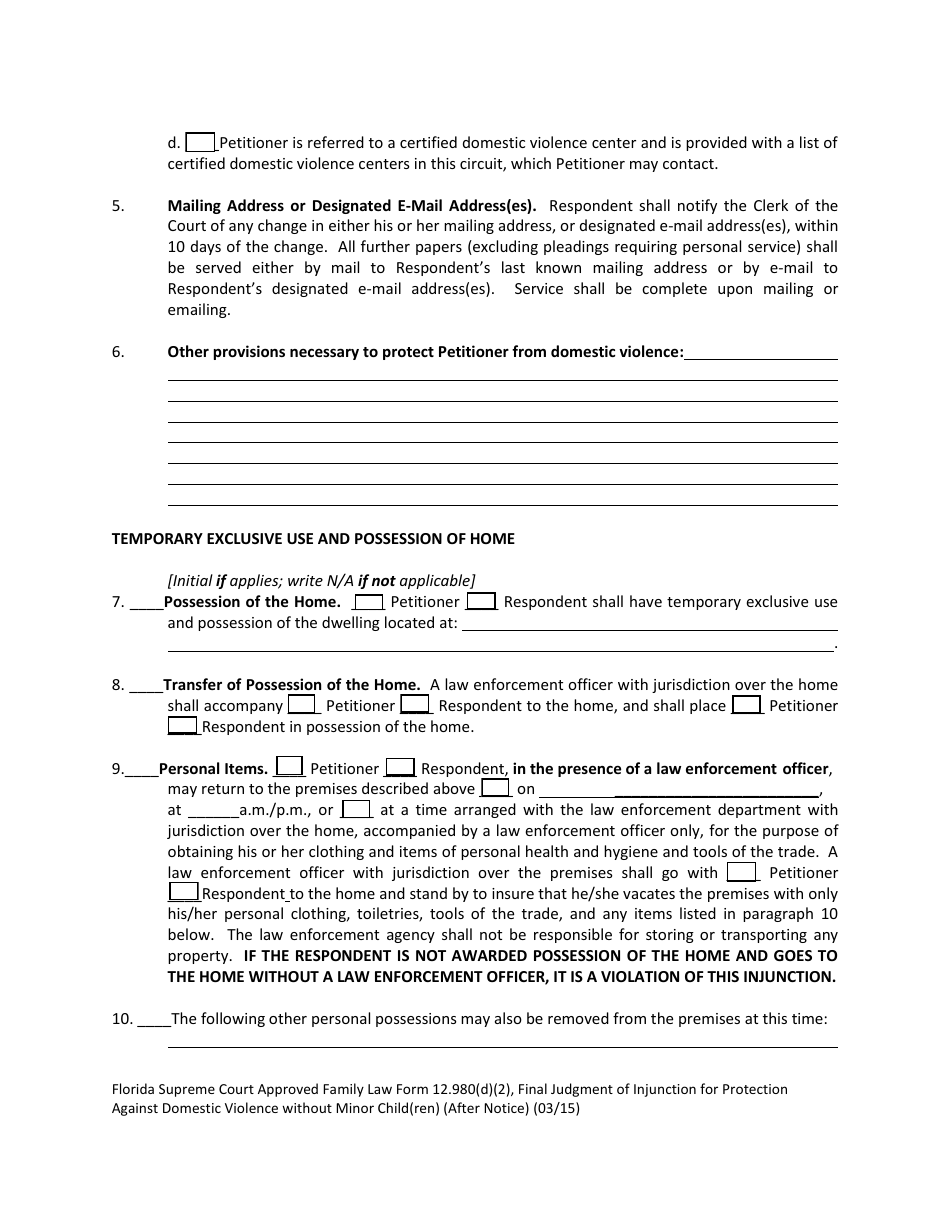 Form 12.980(D)(2) Final Judgment of Injunction for Protection Against Domestic Violence Without Minor Child(Ren) (After Notice) - Florida, Page 5