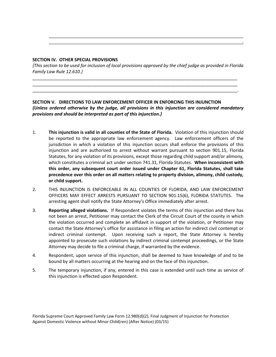 Form 12.980(D)(2) Final Judgment of Injunction for Protection Against Domestic Violence Without Minor Child(Ren) (After Notice) - Florida, Page 7