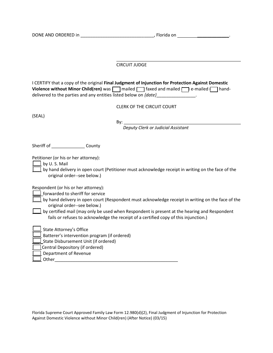 Form 12.980(D)(2) Final Judgment of Injunction for Protection Against Domestic Violence Without Minor Child(Ren) (After Notice) - Florida, Page 8