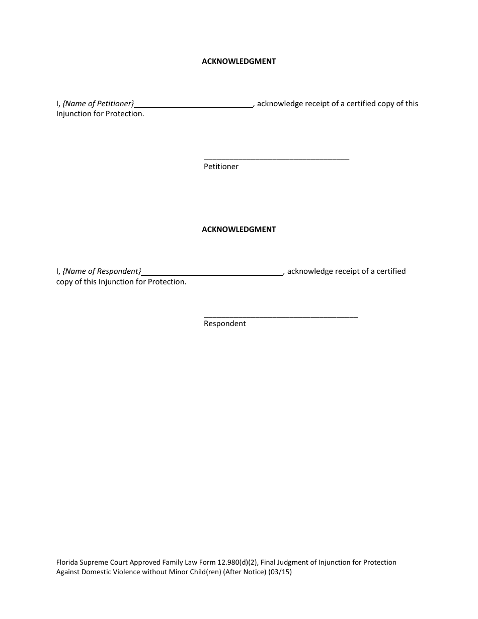 Form 12.980(D)(2) Final Judgment of Injunction for Protection Against Domestic Violence Without Minor Child(Ren) (After Notice) - Florida, Page 9