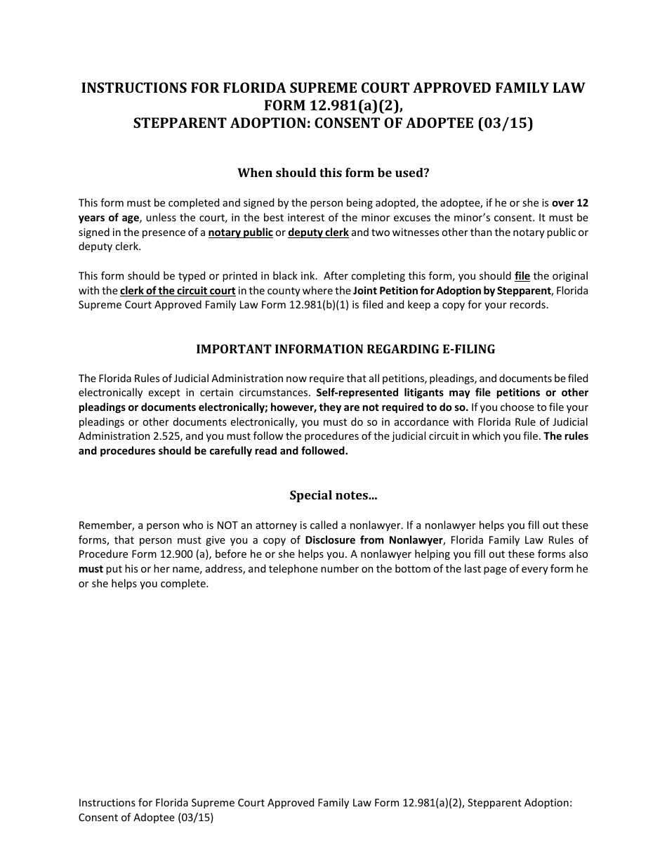 Form 12.981(A)(2) Stepparent Adoption: Consent of Adoptee - Florida, Page 1
