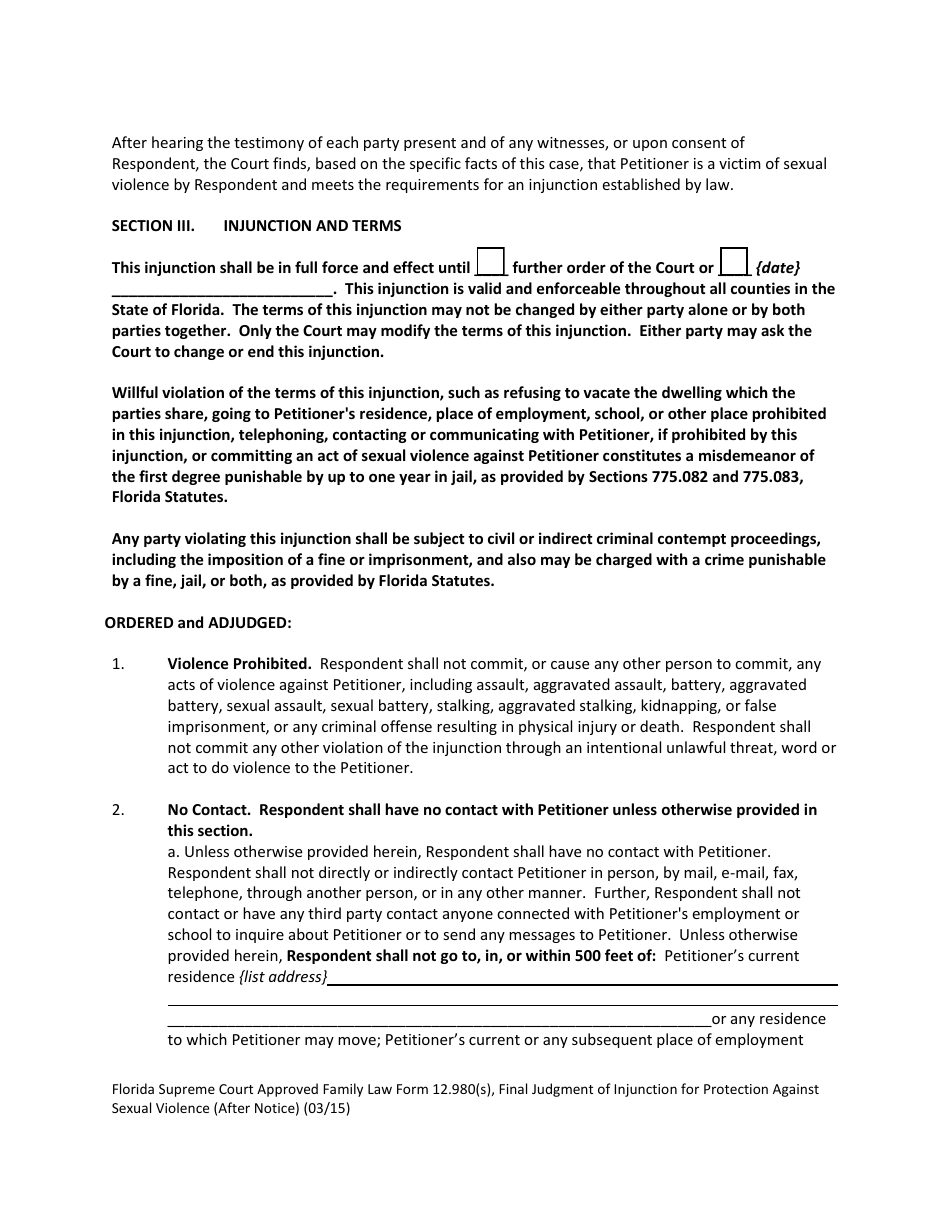 Form 12.980(S) Final Judgment of Injunction for Protection Against Sexual Violence (After Notice) - Florida, Page 2