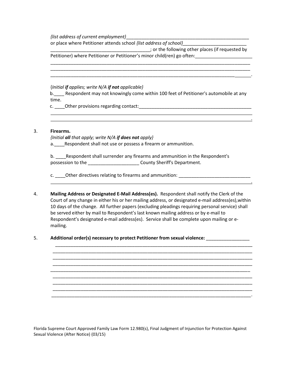 Form 12.980(S) Final Judgment of Injunction for Protection Against Sexual Violence (After Notice) - Florida, Page 3