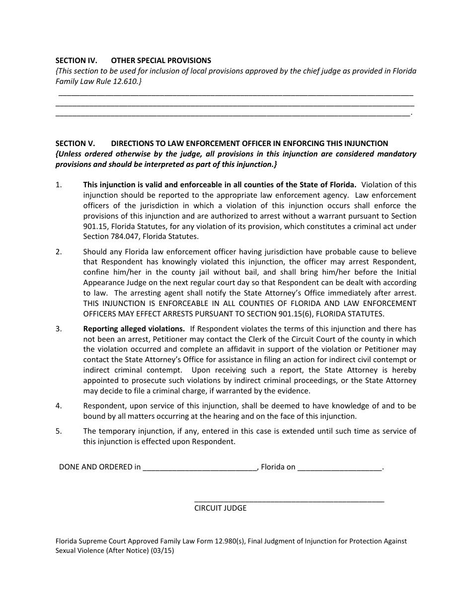 Form 12.980(S) Final Judgment of Injunction for Protection Against Sexual Violence (After Notice) - Florida, Page 4