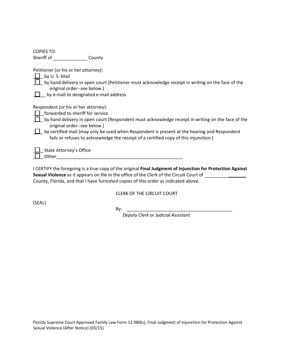 Form 12.980(S) Final Judgment of Injunction for Protection Against Sexual Violence (After Notice) - Florida, Page 5