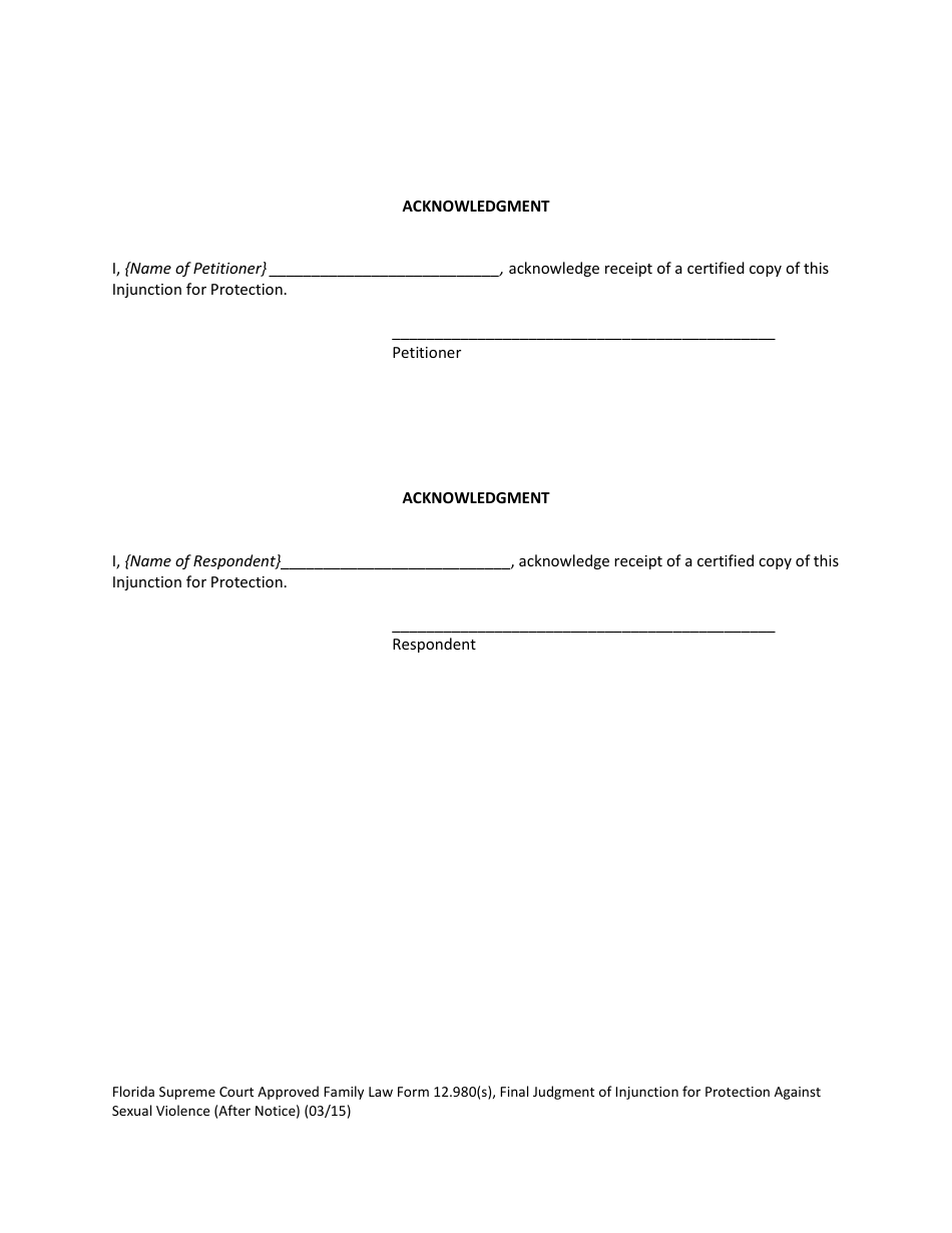 Form 12.980(S) Final Judgment of Injunction for Protection Against Sexual Violence (After Notice) - Florida, Page 6