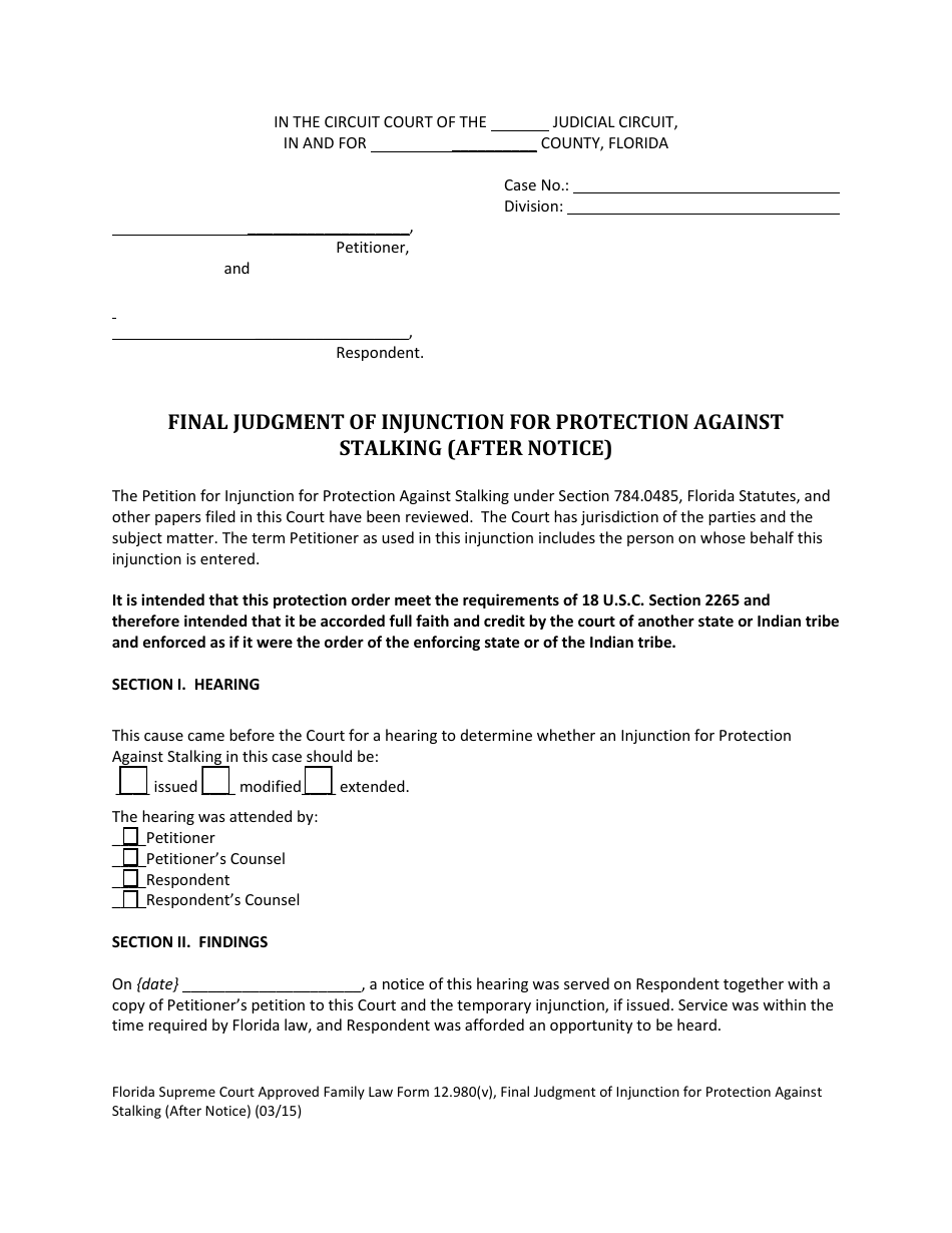 Form 12 980 V Download Fillable Pdf Or Fill Online Final Judgment Of Injunction For Protection Against Stalking After Notice Florida Templateroller