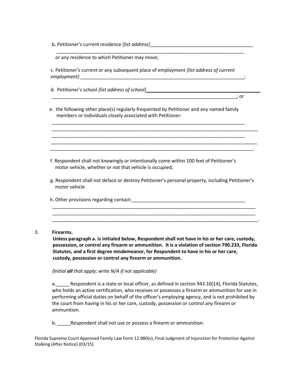 Form 12.980(V) Final Judgment of Injunction for Protection Against Stalking (After Notice) - Florida, Page 3
