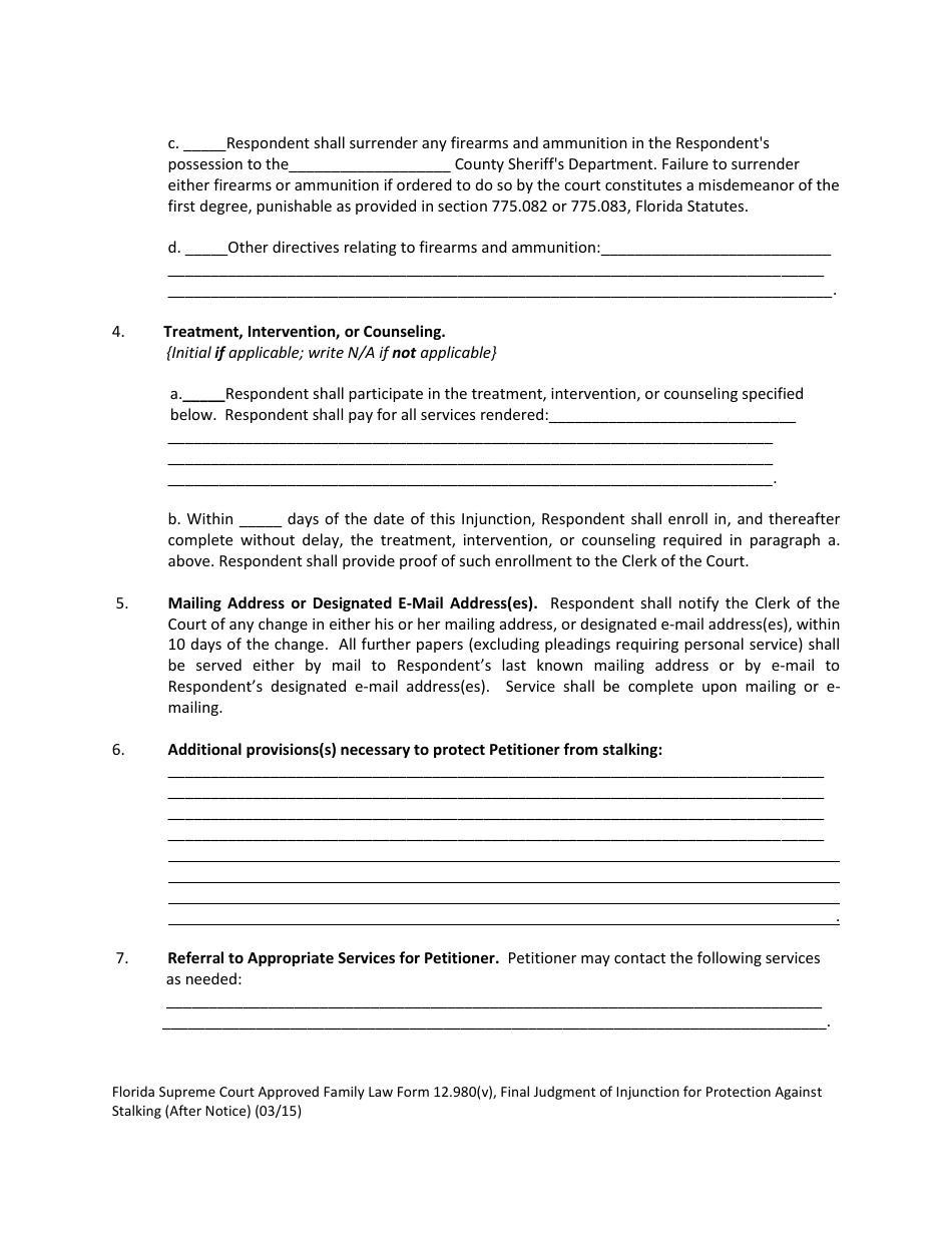 Form 12.980(V) Final Judgment of Injunction for Protection Against Stalking (After Notice) - Florida, Page 4