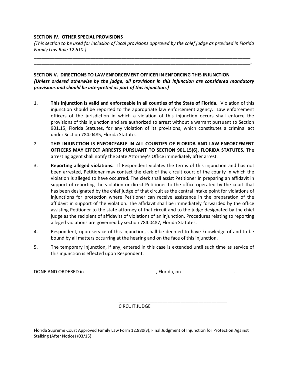 Form 12.980(V) Final Judgment of Injunction for Protection Against Stalking (After Notice) - Florida, Page 5