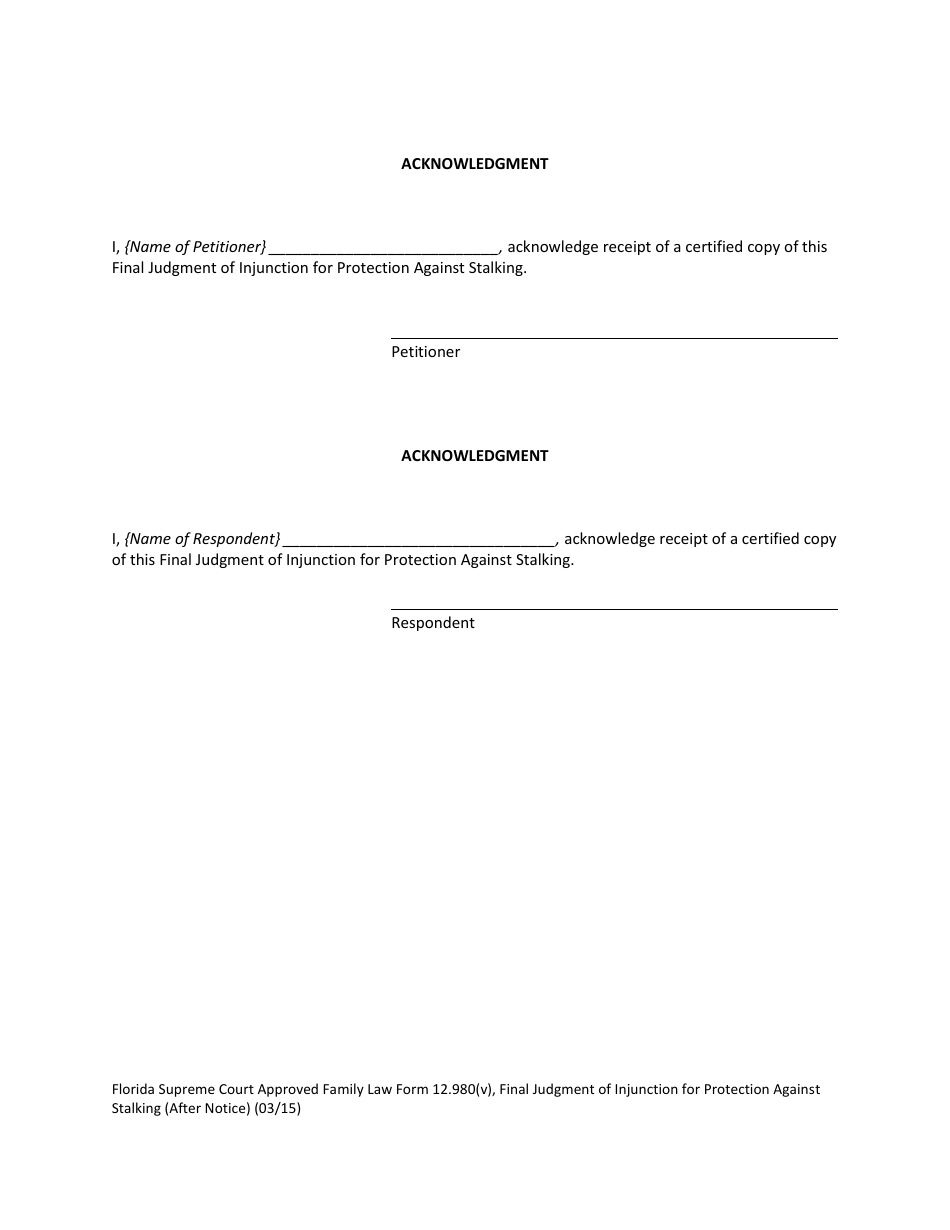 Form 12.980(V) Final Judgment of Injunction for Protection Against Stalking (After Notice) - Florida, Page 7