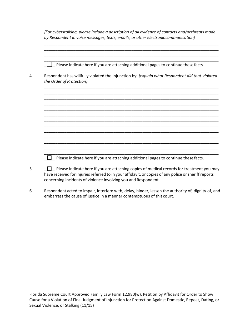 Form 12.980(W) Petition by Affidavit for Order to Show Cause for a Violation of Final Judgment of Injunction for Protection Against Domestic, Repeat, Dating, or Sexual Violence, or Stalking - Florida, Page 4