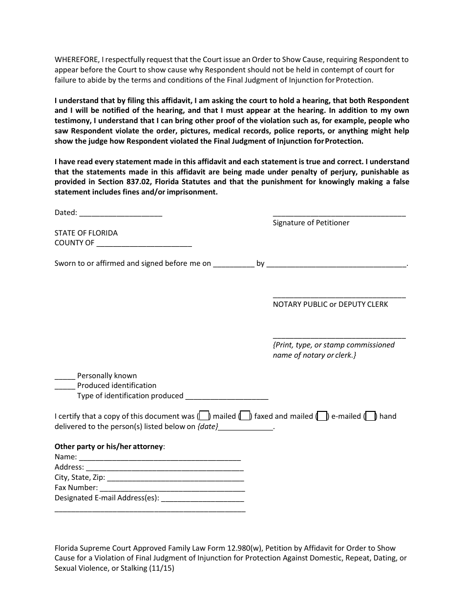 Form 12.980(W) Petition by Affidavit for Order to Show Cause for a Violation of Final Judgment of Injunction for Protection Against Domestic, Repeat, Dating, or Sexual Violence, or Stalking - Florida, Page 5