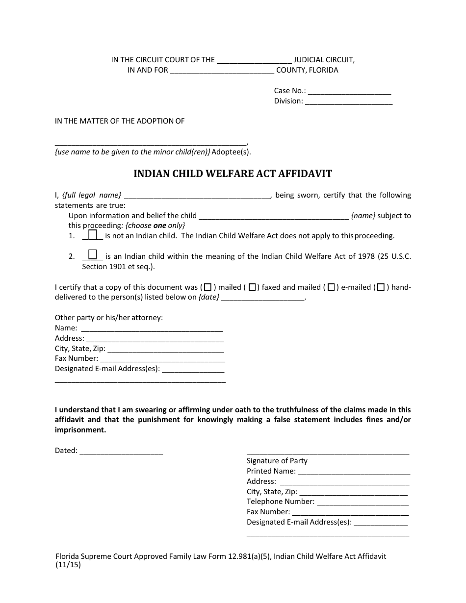 Form 12.981(A)(5) Indian Child Welfare Act Affidavit - Florida, Page 3