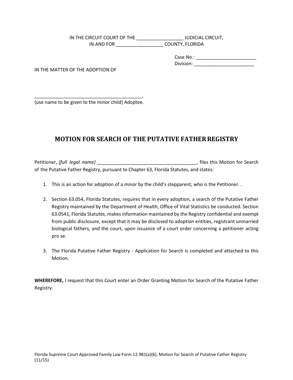 Form 12.981(A)(6) Motion for Search of the Putative Father Registry - Florida, Page 3