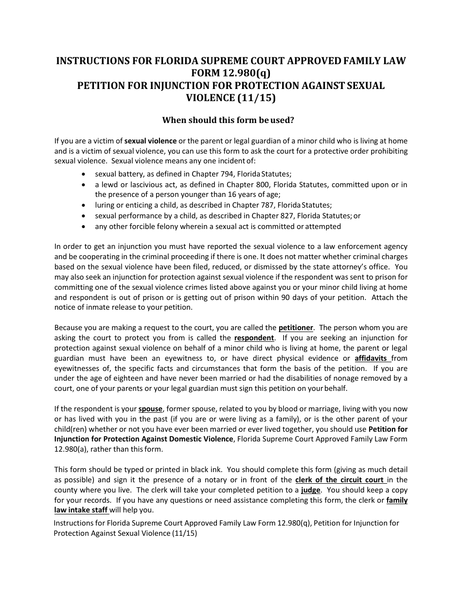 Form 12.980(Q) Petition for Injunction for Protection Against Sexual Violence - Florida, Page 1
