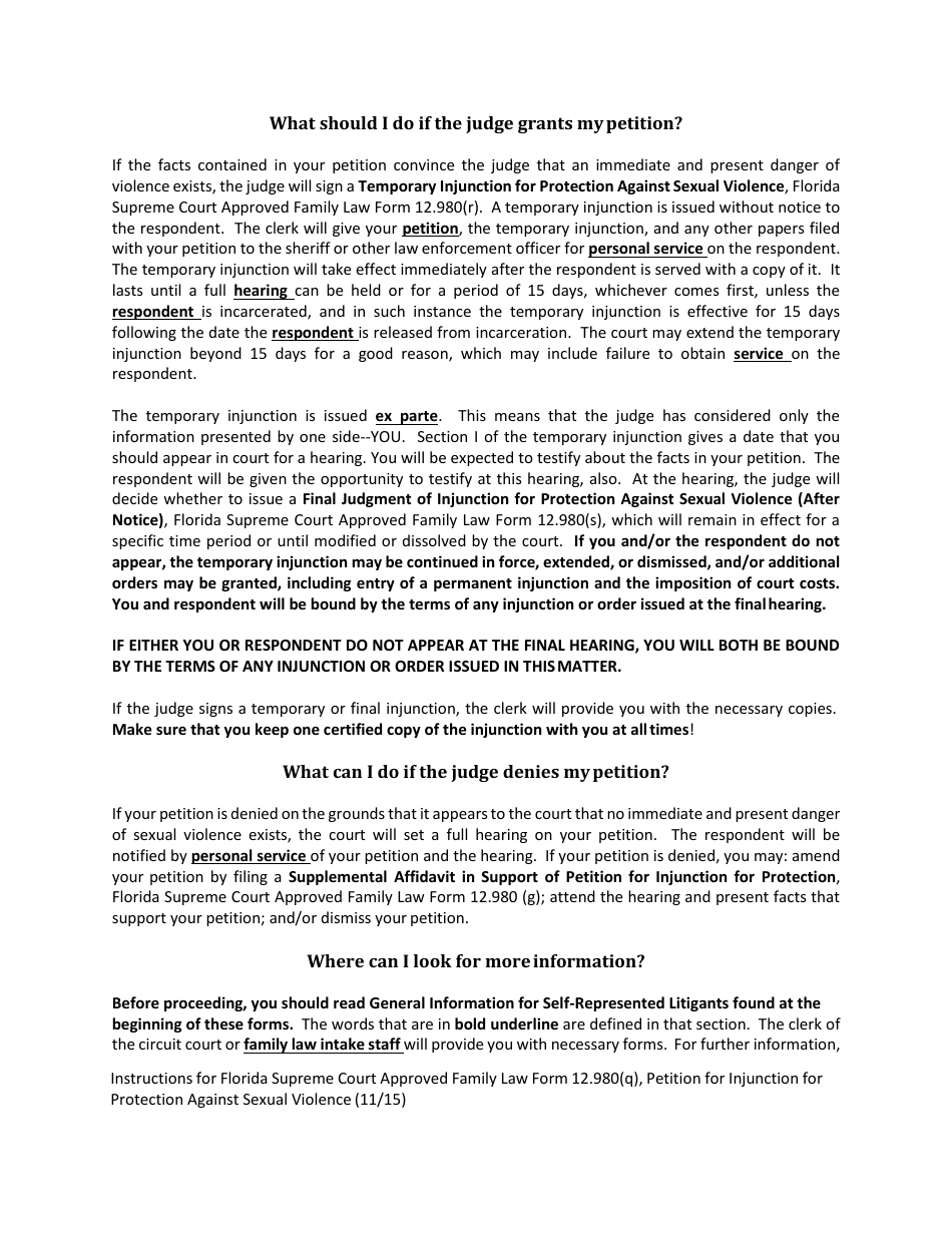 Form 12.980(Q) Petition for Injunction for Protection Against Sexual Violence - Florida, Page 2