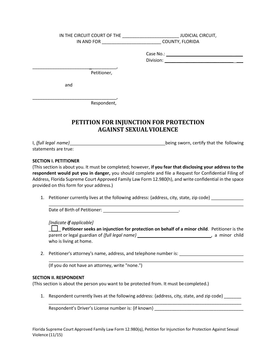 Form 12.980(Q) Petition for Injunction for Protection Against Sexual Violence - Florida, Page 4