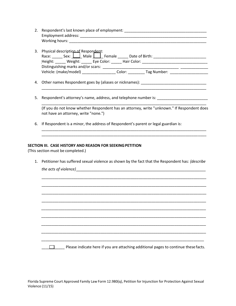 Form 12.980(Q) Petition for Injunction for Protection Against Sexual Violence - Florida, Page 5
