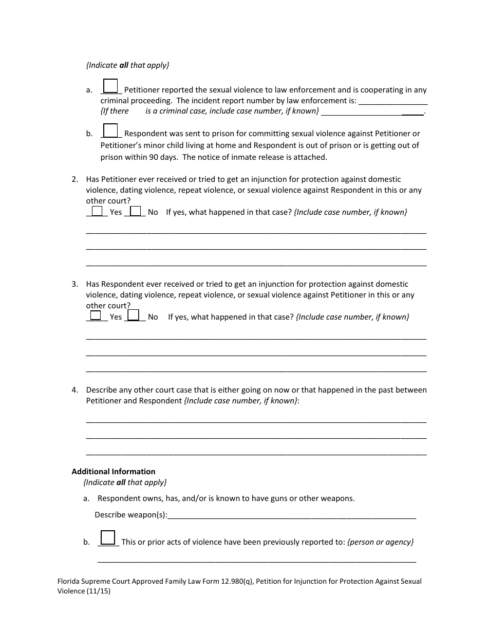 Form 12.980(Q) Petition for Injunction for Protection Against Sexual Violence - Florida, Page 6