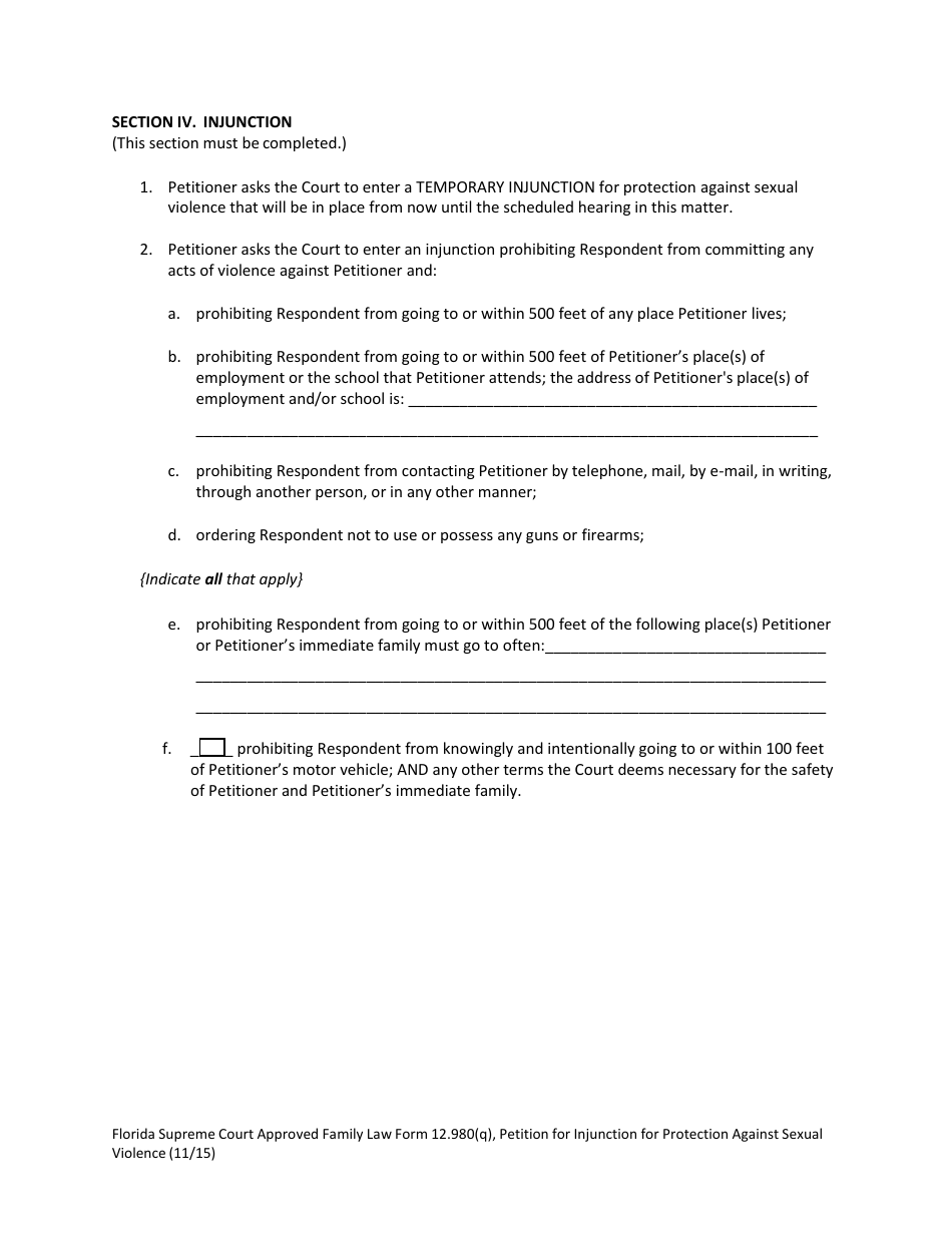 Form 12.980(Q) Petition for Injunction for Protection Against Sexual Violence - Florida, Page 7