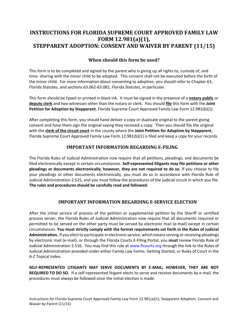 Form 12.981(A)(1) Stepparent Adoption: Consent and Waiver by Parent - Florida, Page 1