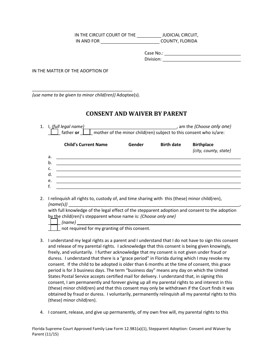 Form 12.981(A)(1) Stepparent Adoption: Consent and Waiver by Parent - Florida, Page 3