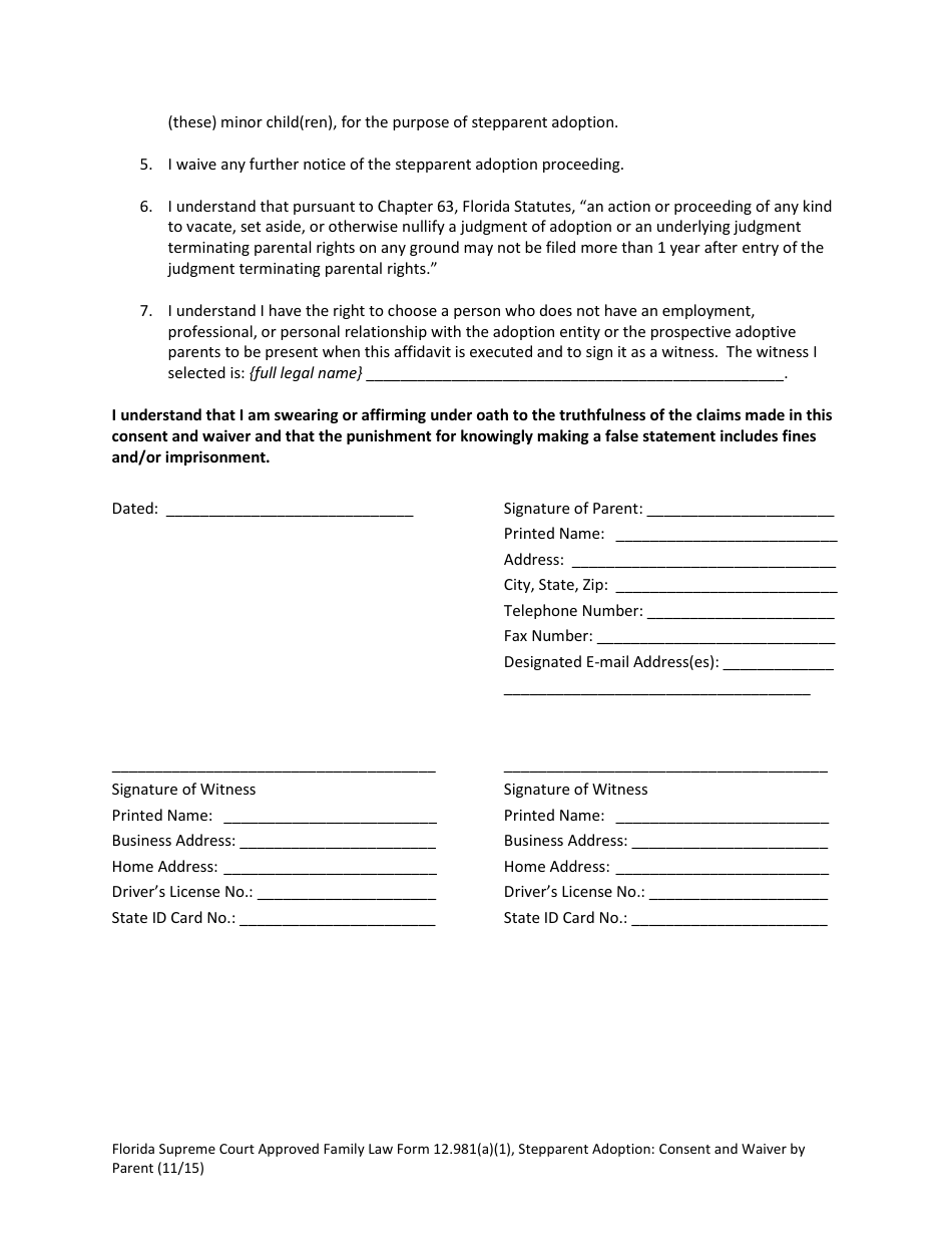 Form 12.981(A)(1) Stepparent Adoption: Consent and Waiver by Parent - Florida, Page 4