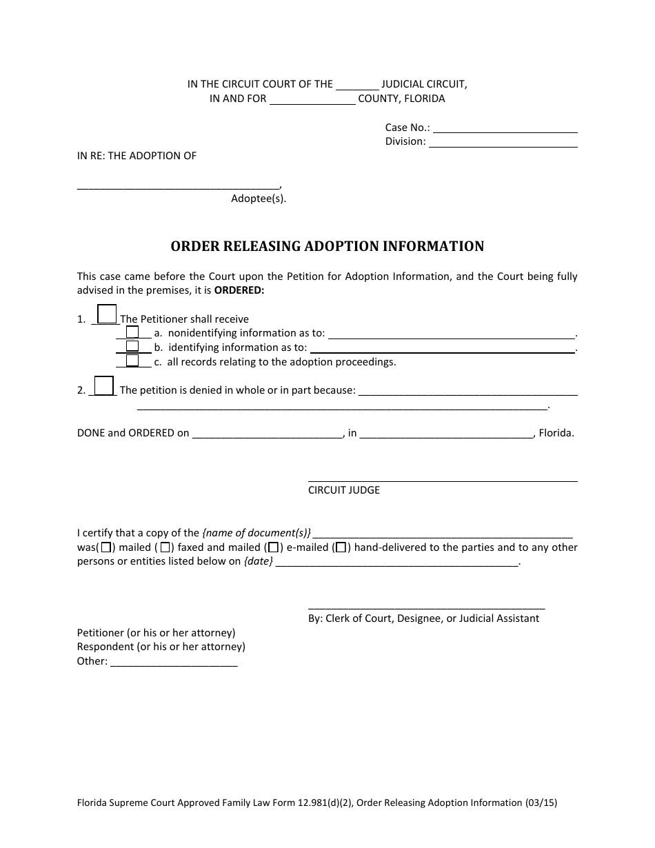 Form 12.981(D)(2) Order Releasing Adoption Information - Florida, Page 1