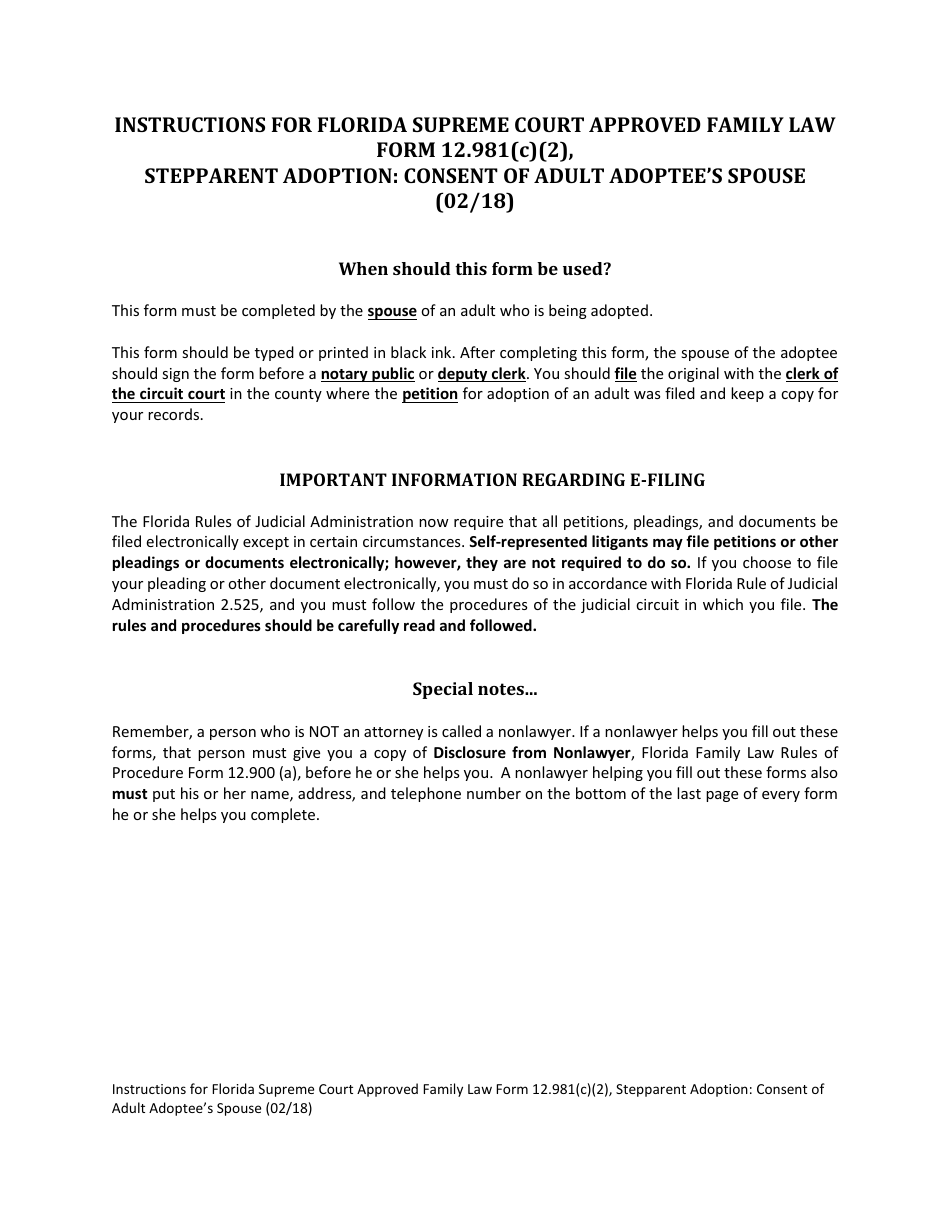 Form 12.981(C)(2) Stepparent Adoption: Consent of Adult Adoptee's Spouse - Florida, Page 1