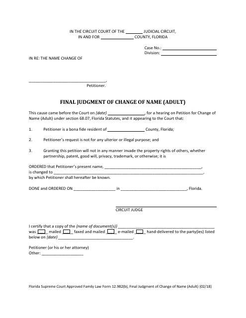 Form 12.982(B) Final Judgment of Change of Name (Adult) - Florida
