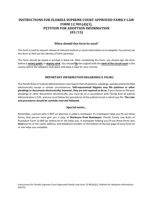 Form 12.981(D)(1) Petition for Adoption Information - Florida