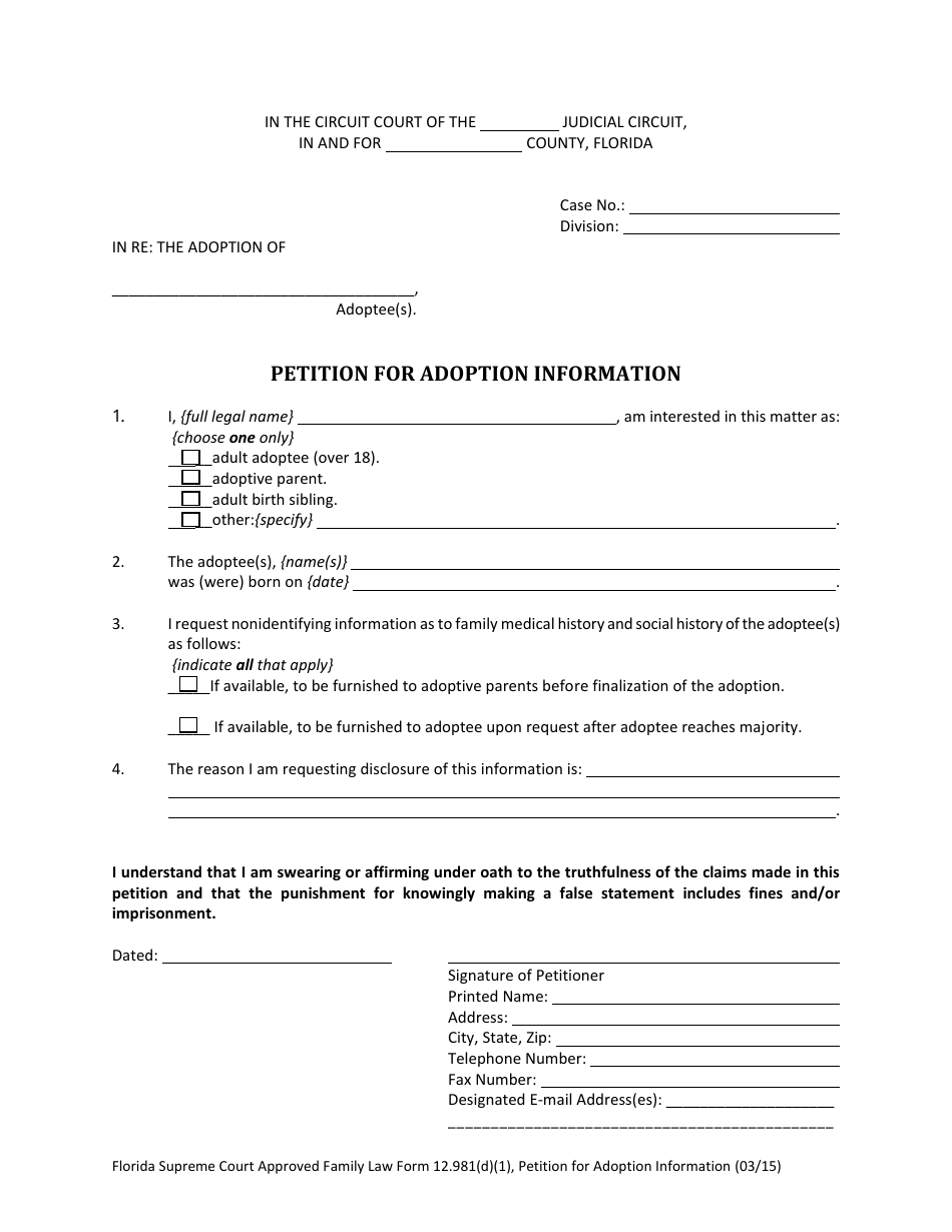 Form 12.981(D)(1) Petition for Adoption Information - Florida, Page 2