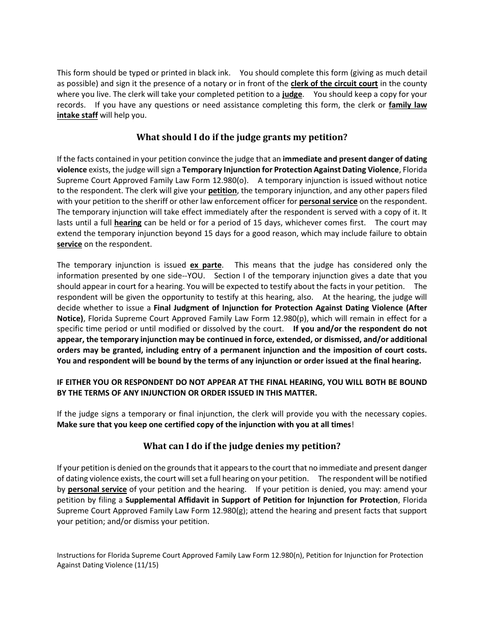 Form 12.980(N) Petition for Injunction for Protection Against Dating Violence - Florida, Page 2