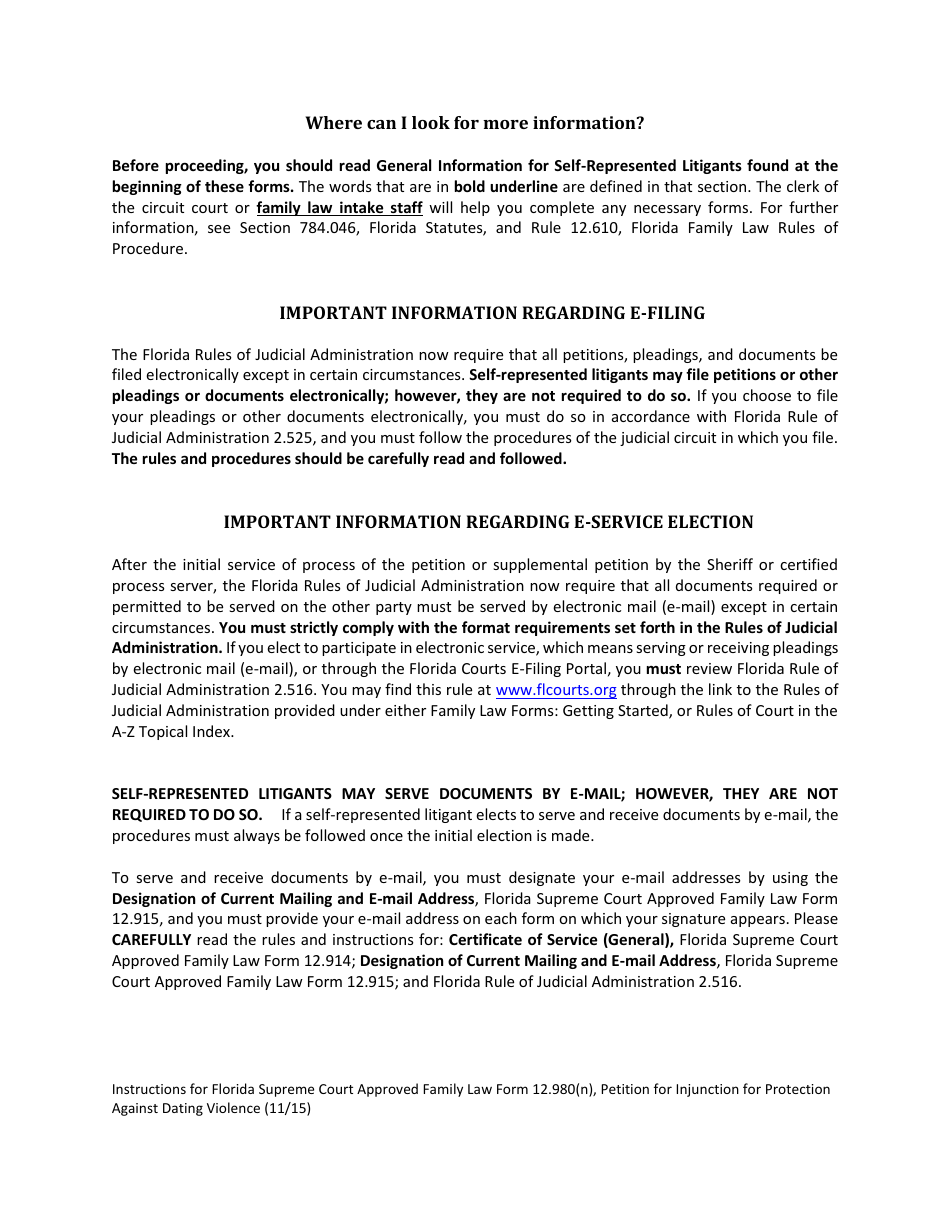 Form 12.980(N) Petition for Injunction for Protection Against Dating Violence - Florida, Page 3