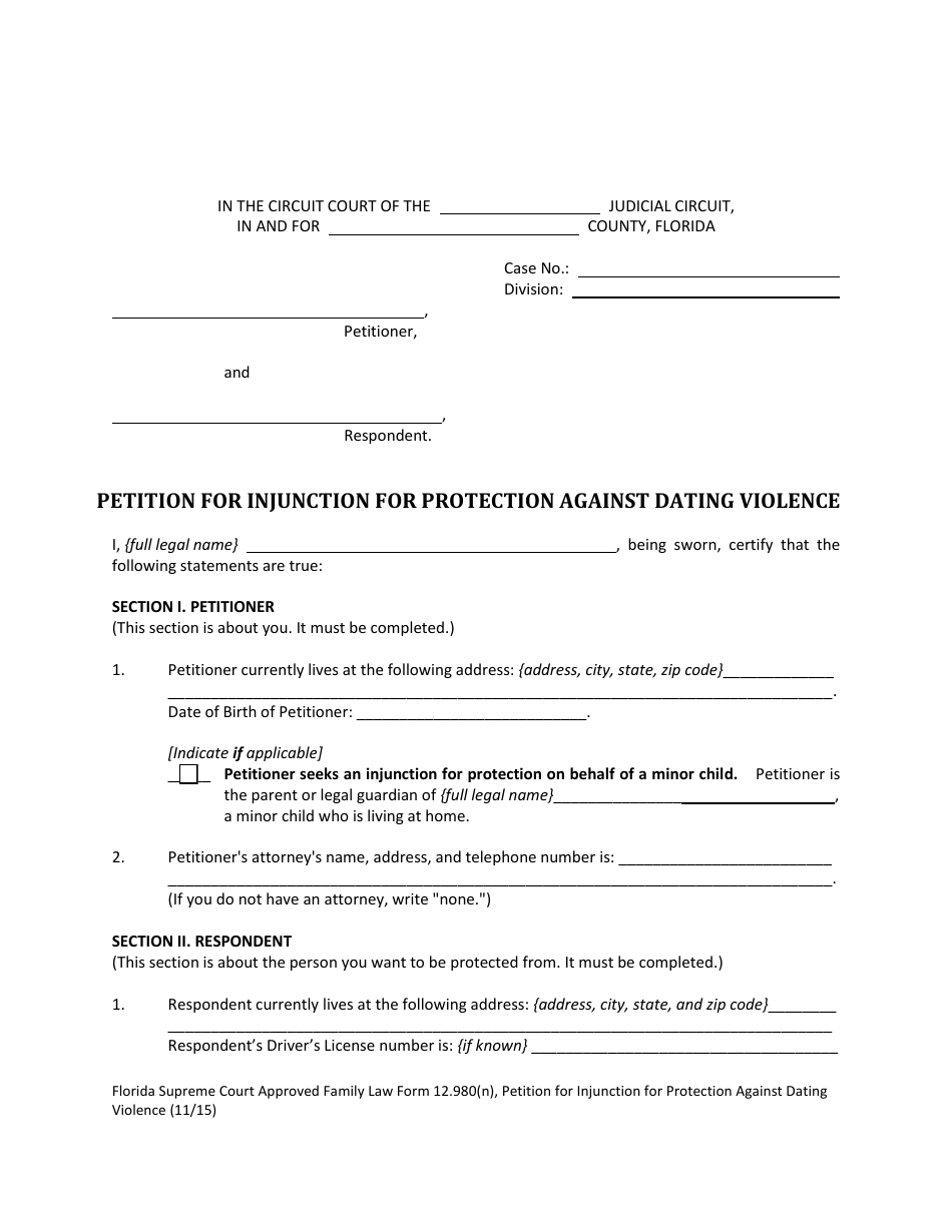 Form 12.980(N) Petition for Injunction for Protection Against Dating Violence - Florida, Page 4