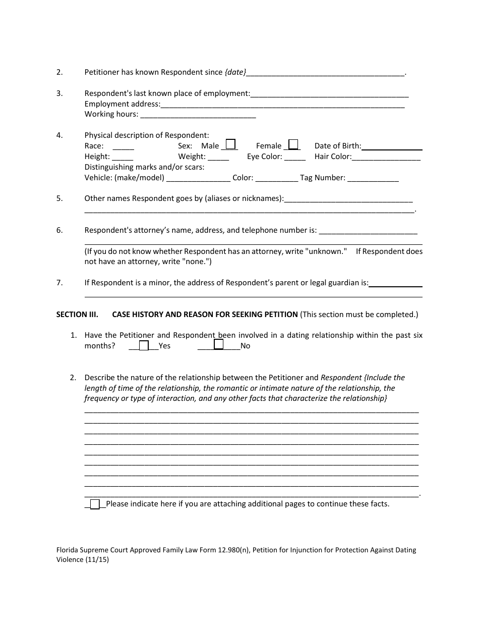 Form 12.980(N) Petition for Injunction for Protection Against Dating Violence - Florida, Page 5