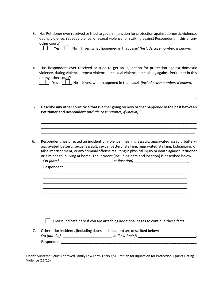Form 12.980(N) Petition for Injunction for Protection Against Dating Violence - Florida, Page 6