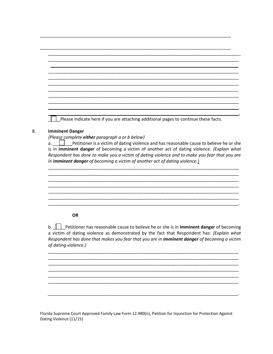 Form 12.980(N) Petition for Injunction for Protection Against Dating Violence - Florida, Page 7