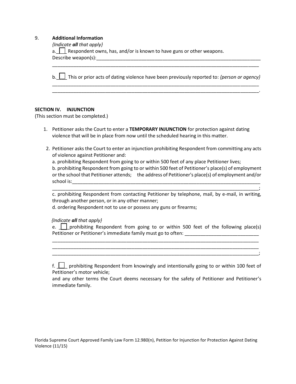 Form 12.980(N) Petition for Injunction for Protection Against Dating Violence - Florida, Page 8